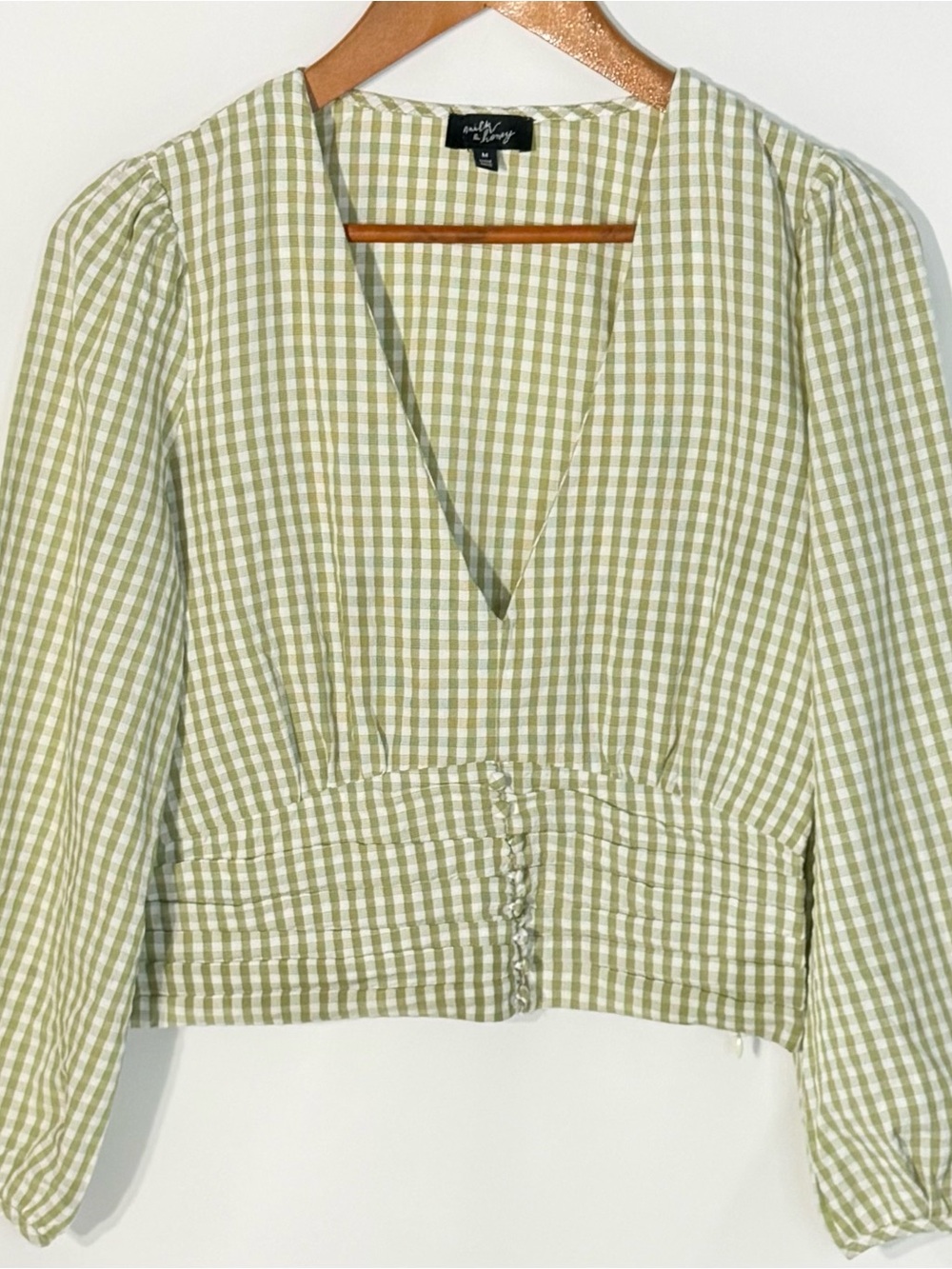 Milk & Honey Green Gingham Plaid Puff Sleeve V-Neck Blouse M